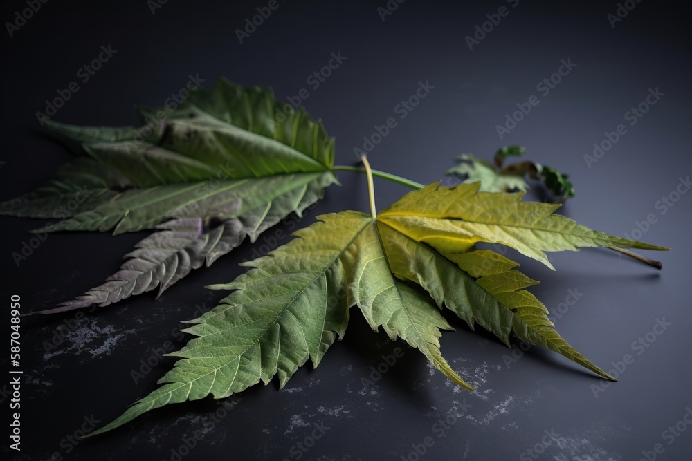  a close up of a leaf on a table with other leaves on the table and a piece of broccoli on the table