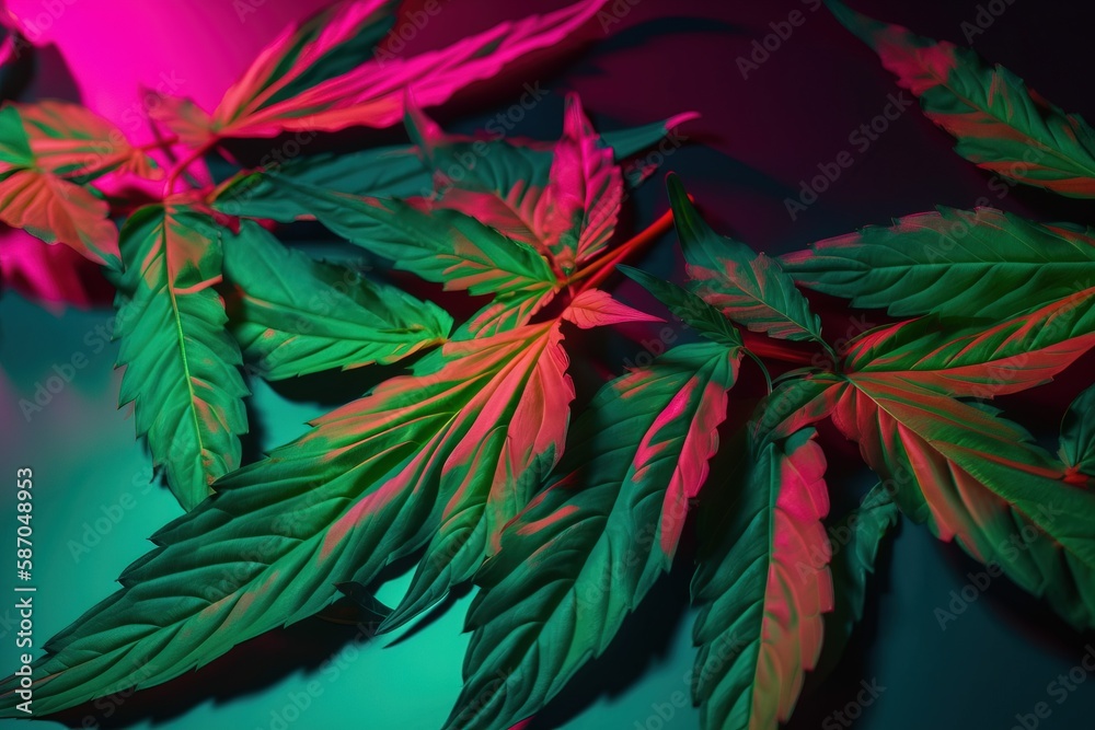  a group of green and red leaves on a blue surface with pink and green lighting behind them and a pi