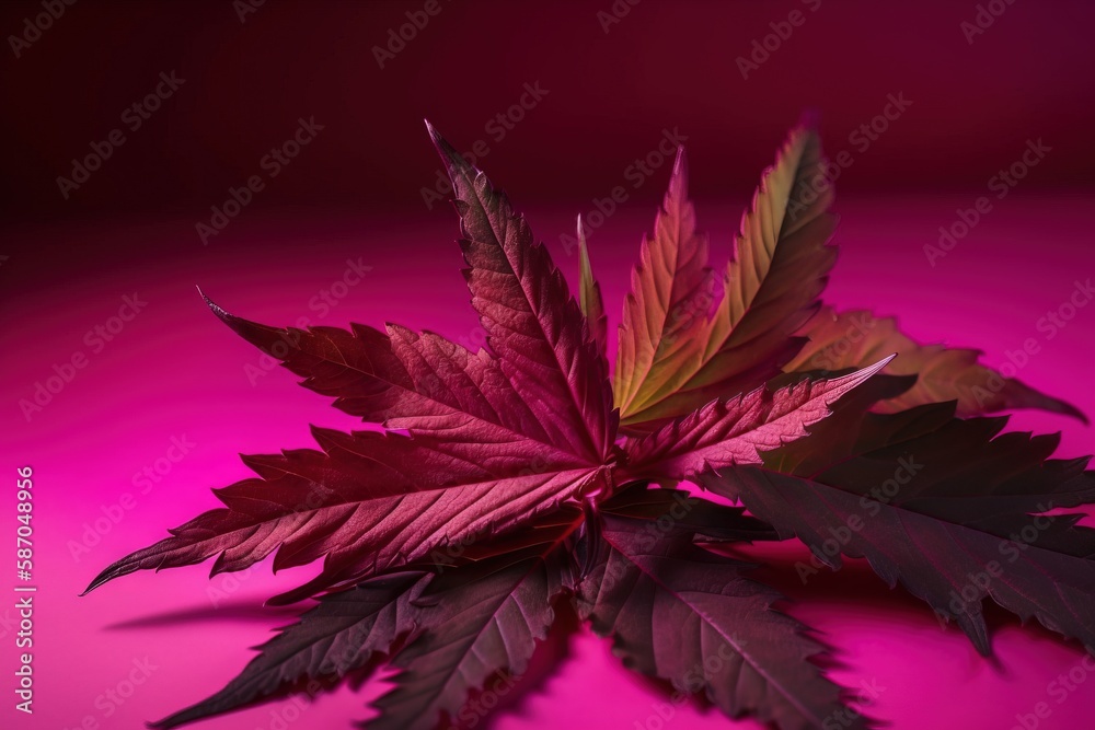  a close up of a leaf on a pink surface with a pink background and a pink light in the backround beh