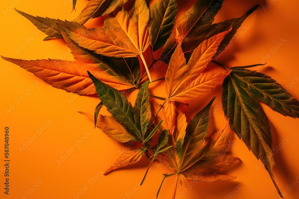  a group of leaves laying on top of each other on a yellow surface with a green stem sticking out of