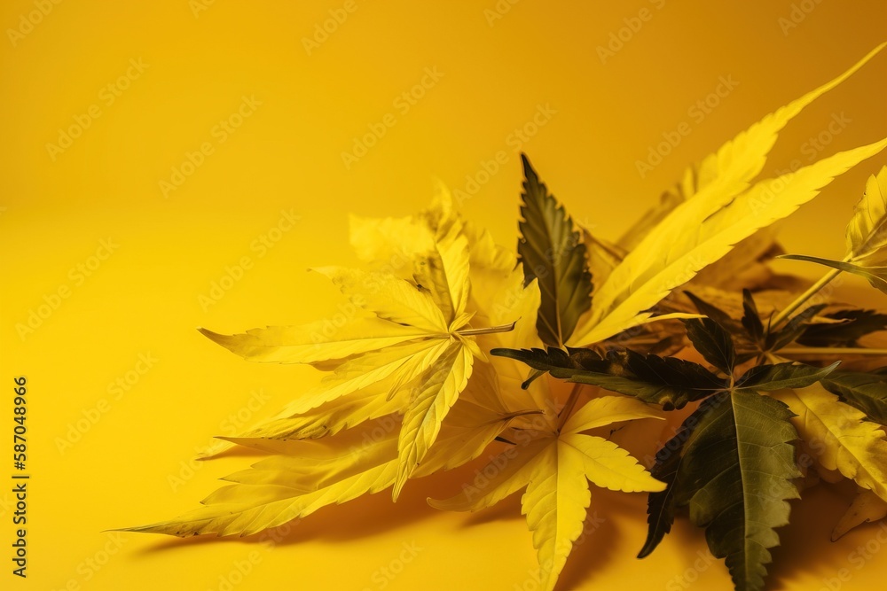  a bunch of leaves that are on a yellow table top with a yellow background that is very bright and y