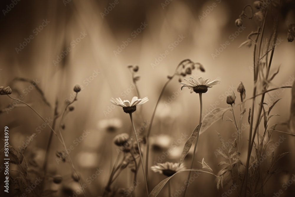  a black and white photo of wildflowers in a field of tall grass with a blurry background of grass a