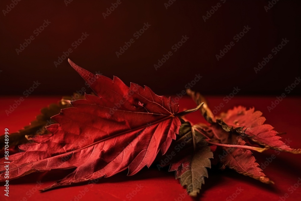  a red leaf laying on top of a red table top next to a green leaf on the floor with a red back groun