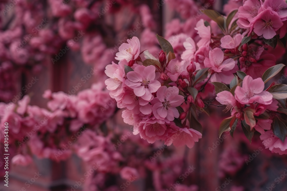  a bunch of pink flowers are blooming on a tree branch in front of a brick wall with a wooden fence 