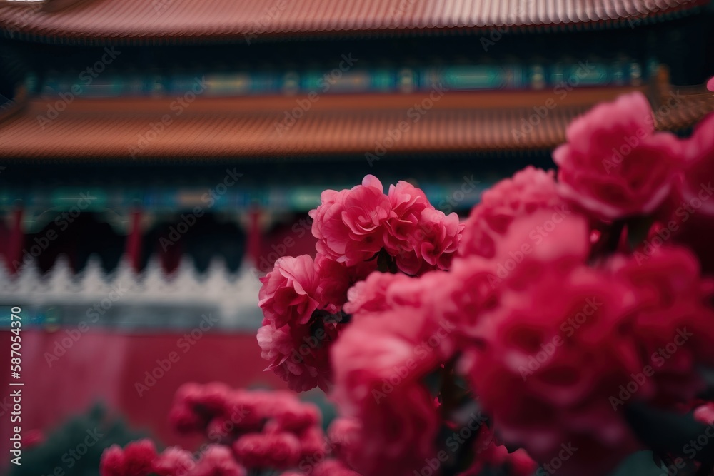  a bunch of pink flowers in front of a building with a pagoda in the backgrounge of it and a pagoda 