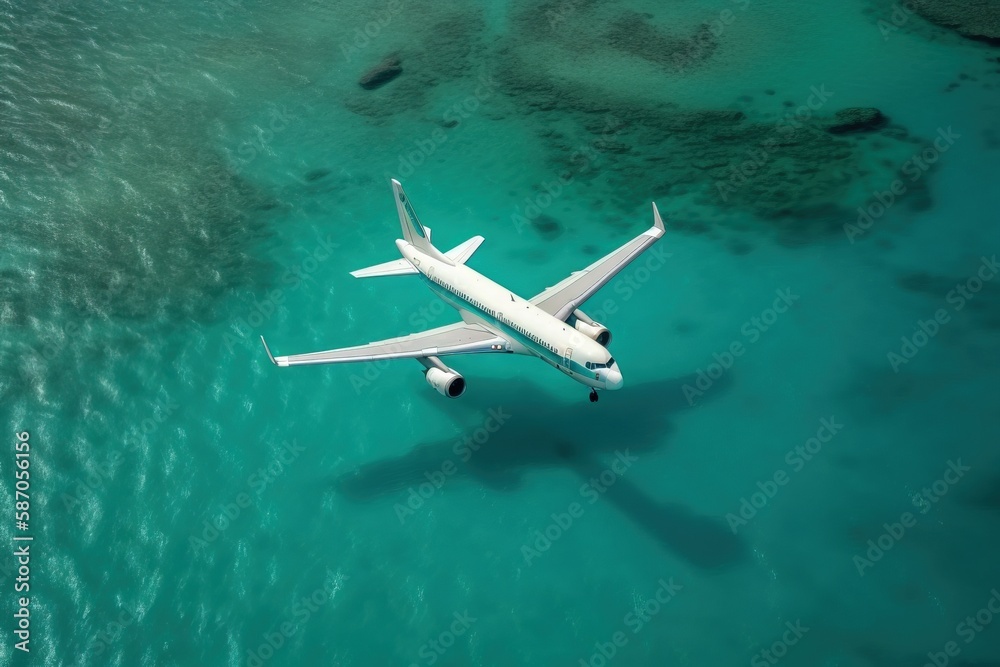  an airplane is flying over the water in a clear blue sky over the ocean and the water is crystal bl