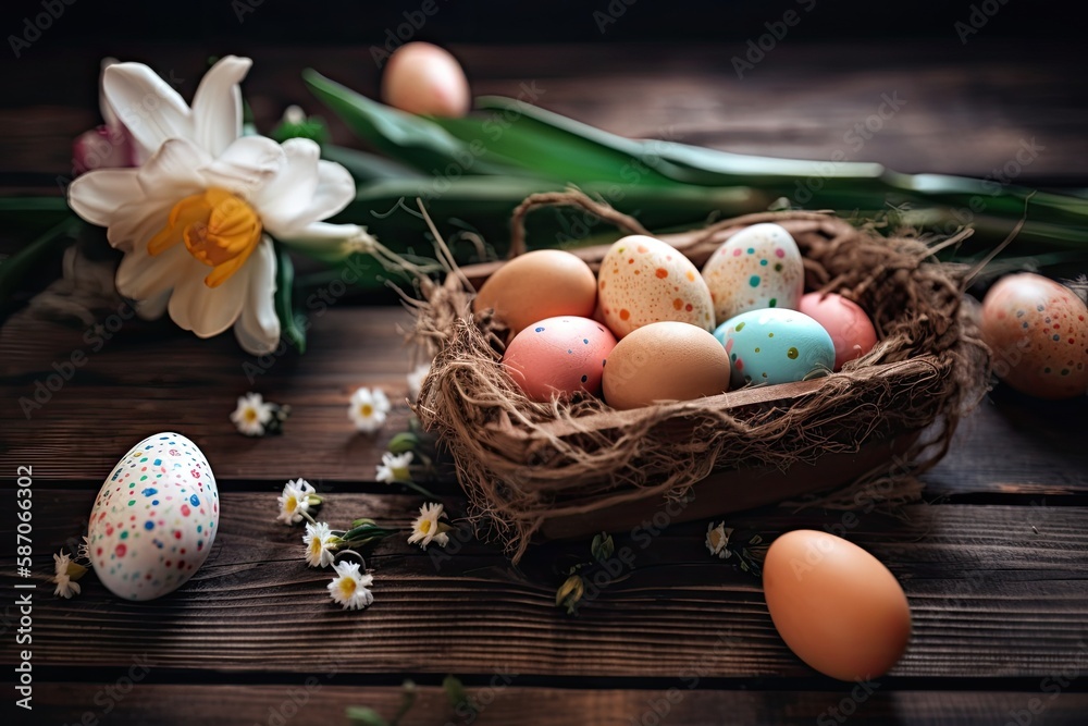 rustic basket filled with fresh eggs on a wooden table. Generative AI