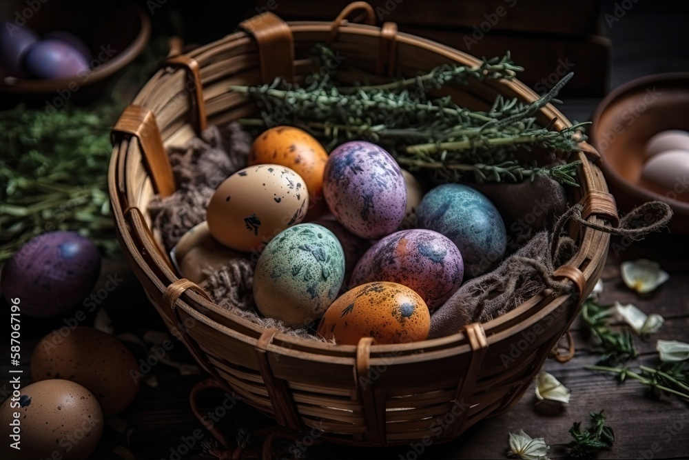 colorful Easter basket filled with eggs. Generative AI