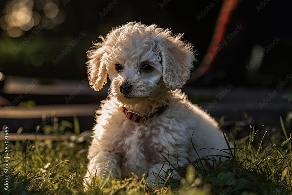 White poodle puppy having fun in the sun on the lawn. Generative AI