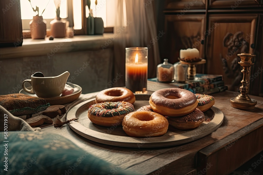 Donuts and coffee on wooden table. Bedroom with patio. Bohemian nature home. Generative AI