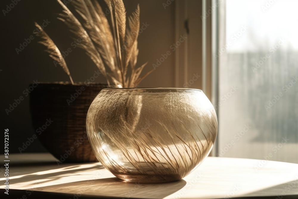 Contemporary glass vase on white table with dry grass and sunshine shadow. Copy space, Boho style de