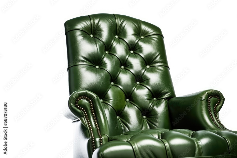 Vintage green leather from a vintage desk chair, isolated on a white backdrop. digital representatio