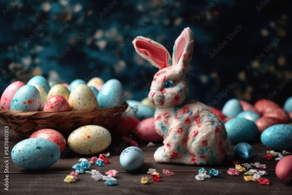 cute bunny with a basket of colorful Easter eggs. Generative AI