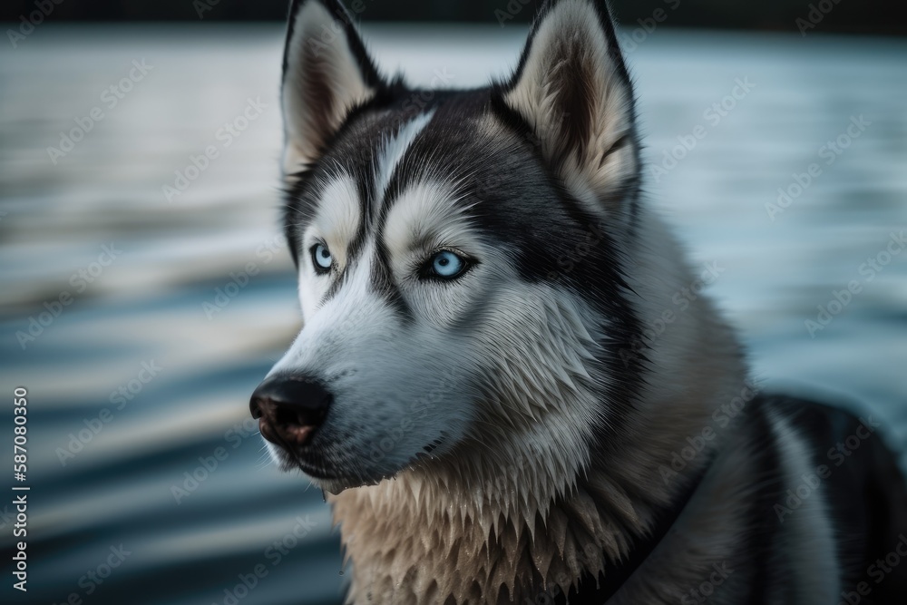 a close up of a Siberian husky with a background of water. Generative AI