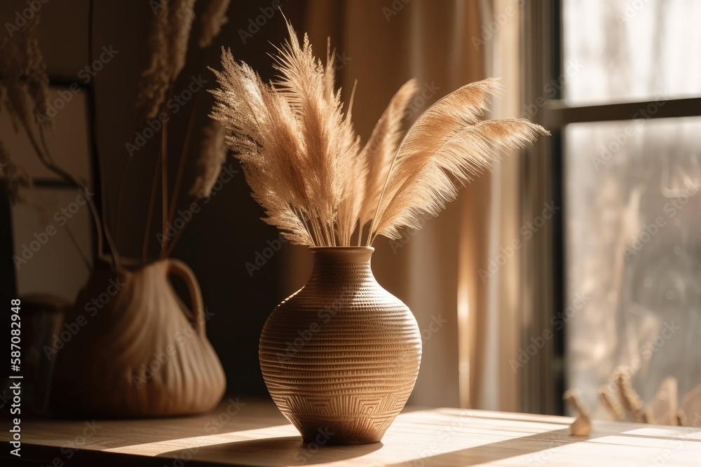 Beige ceramic vase with dried pampas grass and table shadows, scandinavian home decorating, attracti