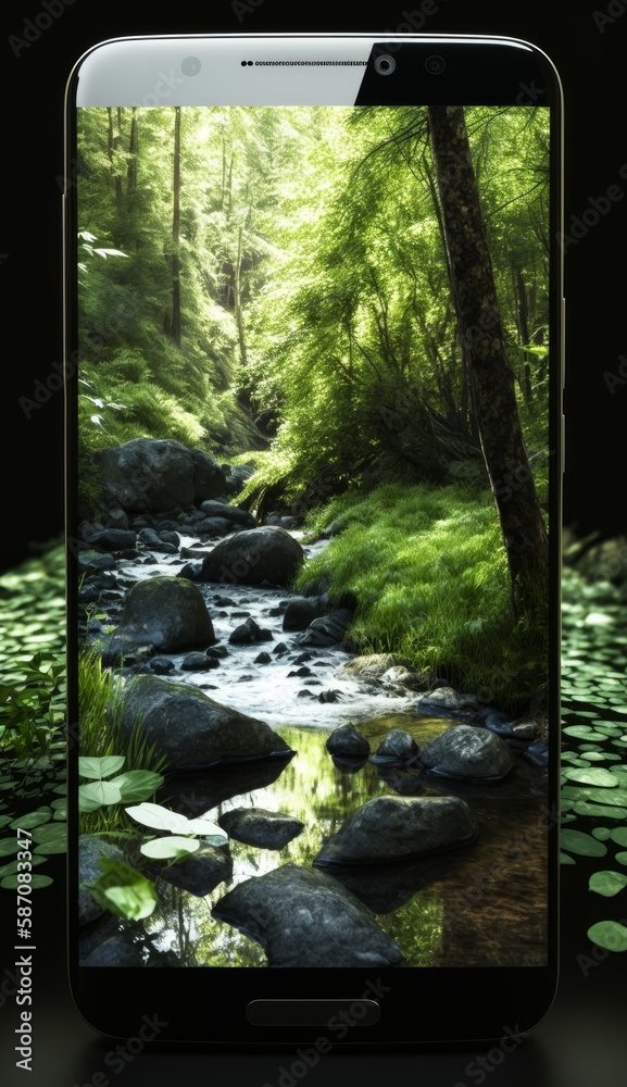 Tranquil Waterfall Landscape: A Serene Forest Scene with Flowing Stream, Lush Foliage, and Dappled S