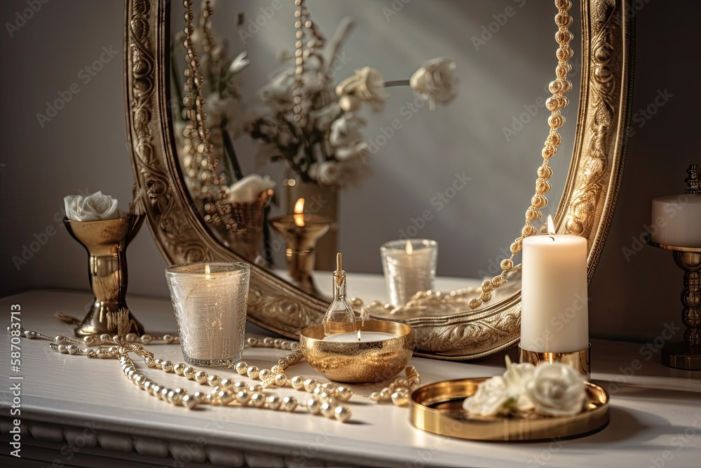 Contemporary gold boho mirror with gold necklace and antique candles on white table. Gold chain neck