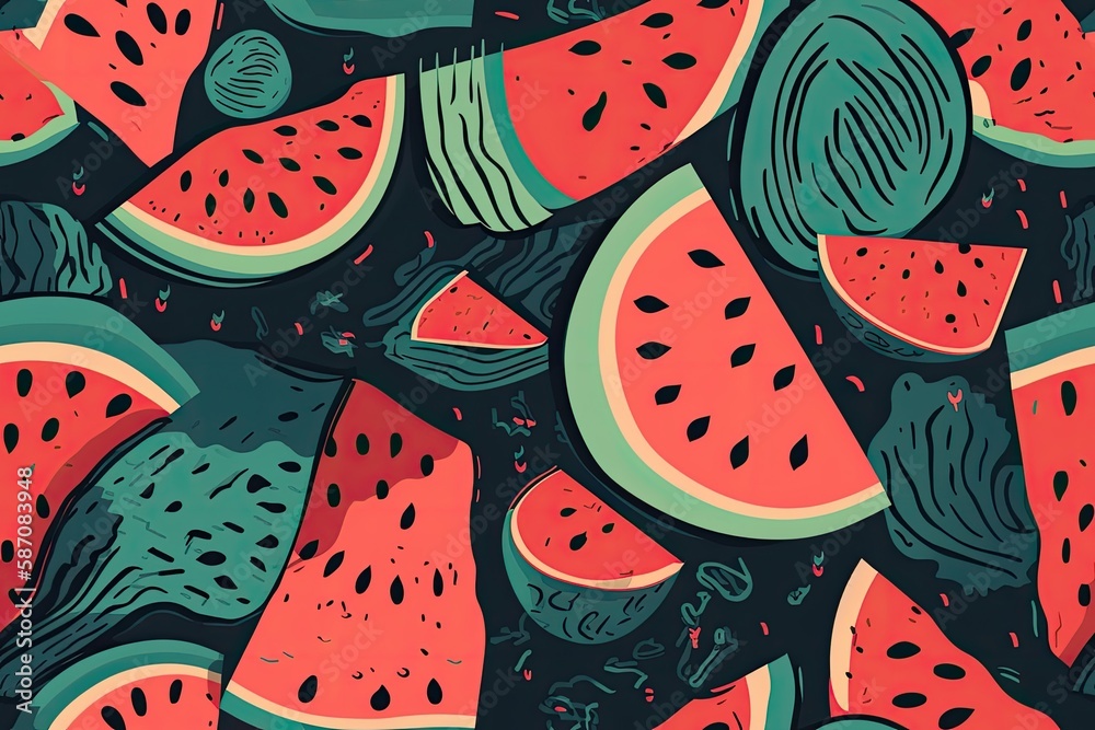 watermelon slices arranged on a black background. Generative AI