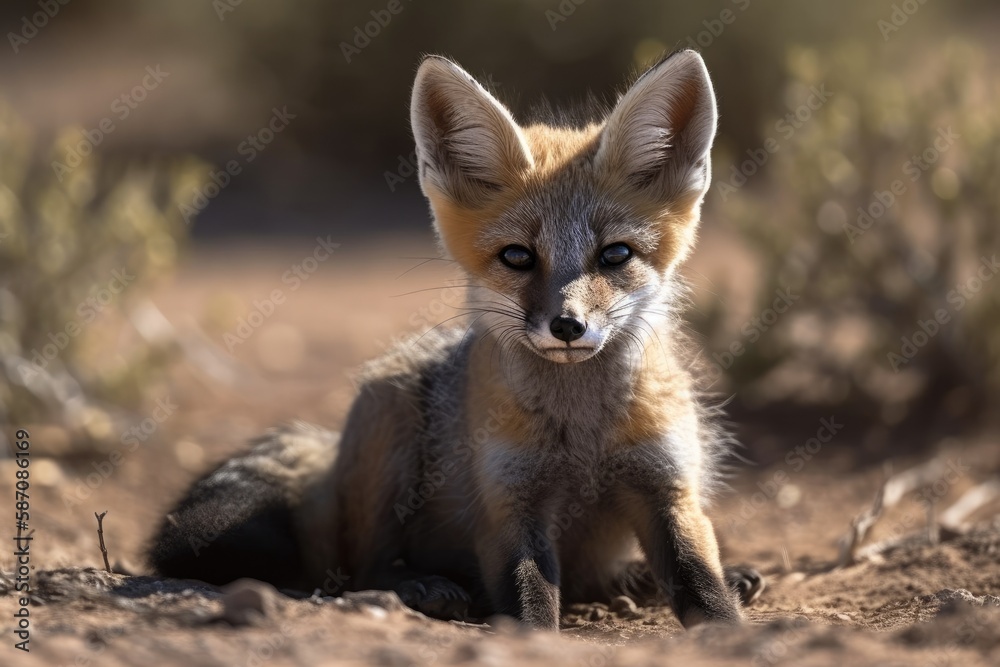 The Cape Fox cub emerges from the borrow to enjoy the sunshine. Generative AI