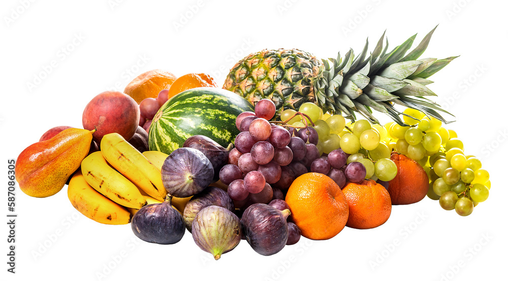 PNG. Tropical fruits Pineapple, watermelon, grapes, peaches, pears, figs, tangerines, bananas on a w