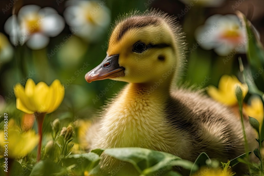 Fluffy yellow duckling amidst grass and strawberry blooms in the garden. Generative AI