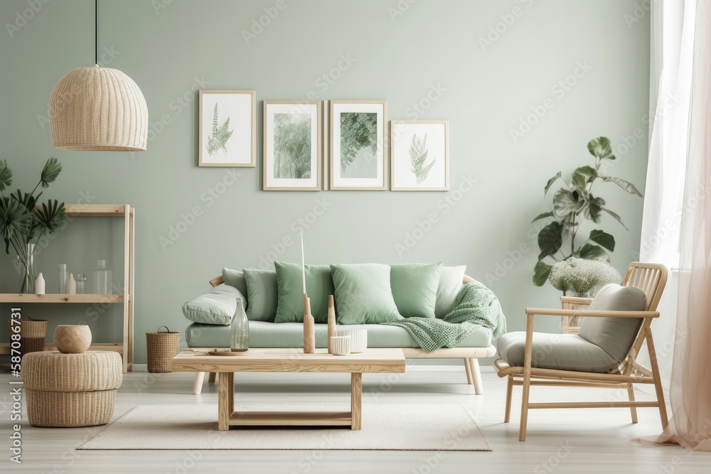 Mock up frame in pastel green room with natural wooden furnishings,. Generative AI