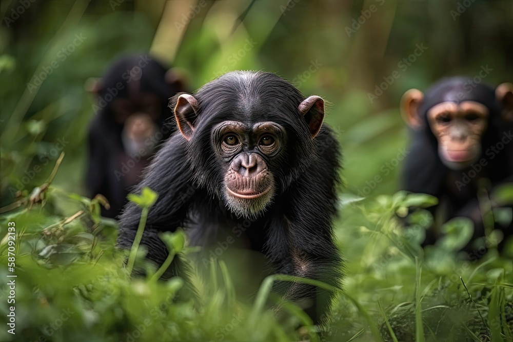 Chimpanzees sprinting on a background of grass. Generative AI