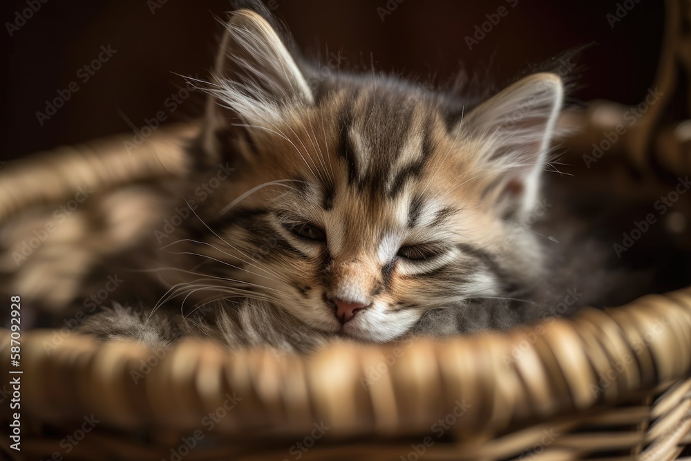 Cute Siberian kitten napping in a basket. Generative AI