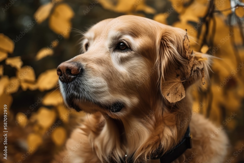 A golden retriever is depicted on yellow foliage. Generative AI