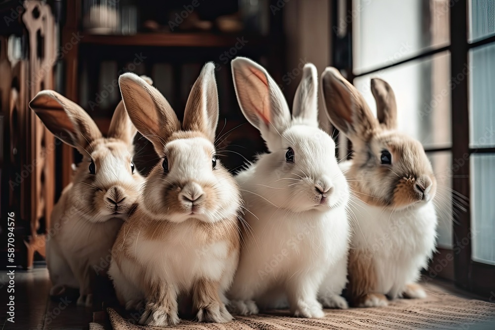 a group of bunnies having fun at home. Generative AI