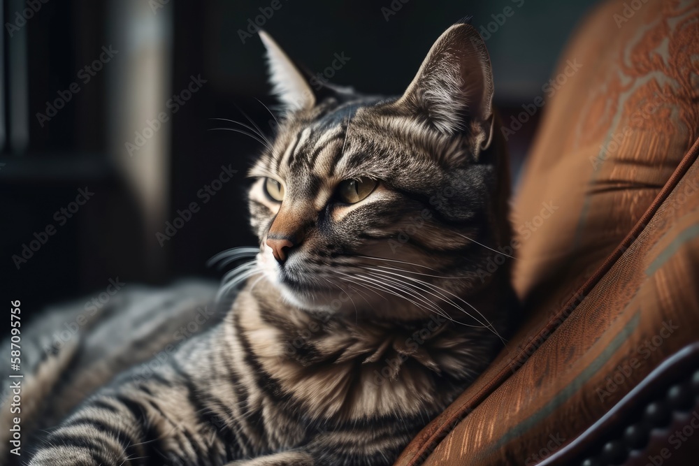 A close up of a charming lethargic cat resting in a gray recliner. Portrait of a cat. Interior desig