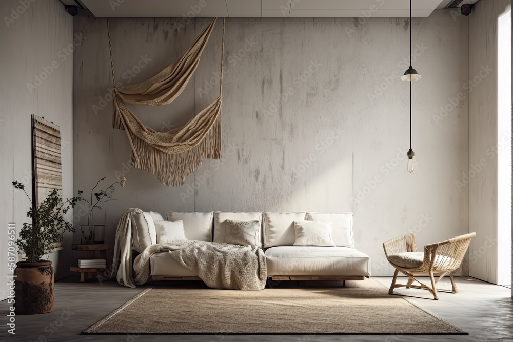 living room with a plaster wall that has been adorned, all white project draft. Minimalist macrame w