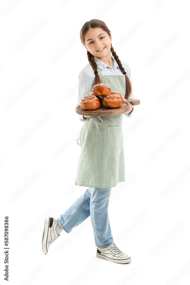 Little baker with board of tasty buns on white background