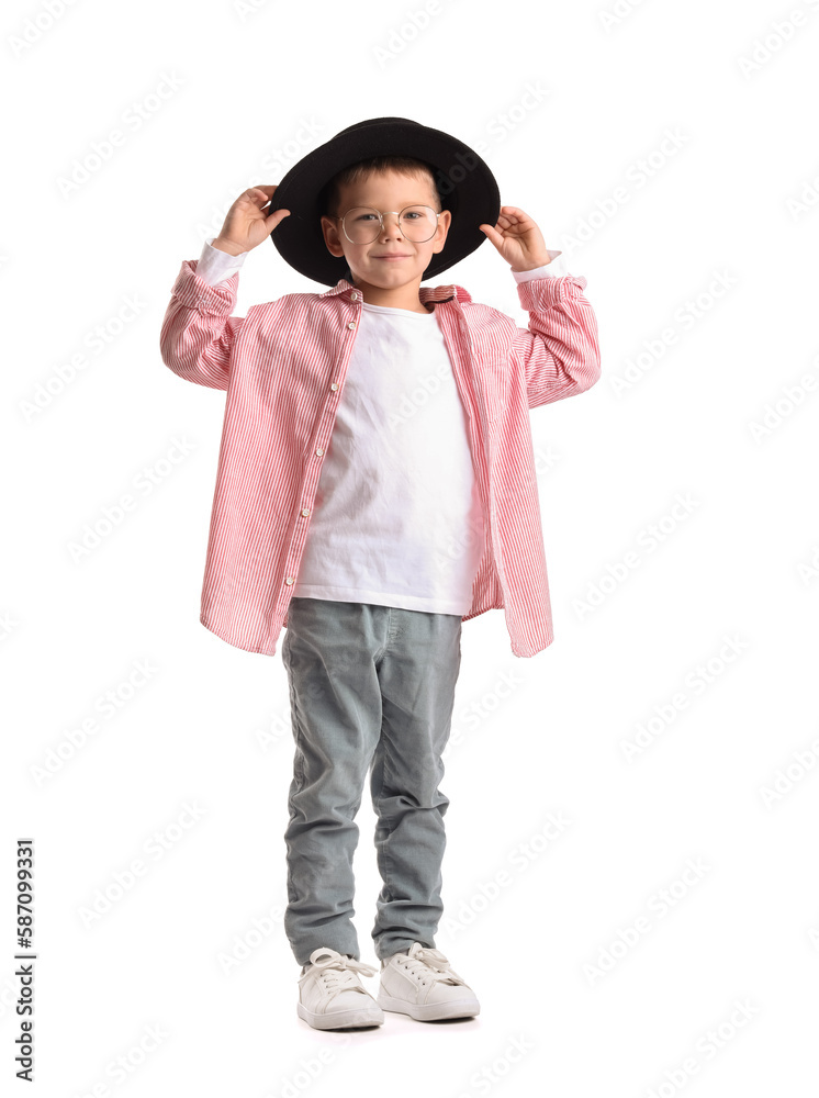 Cute little stylist on white background