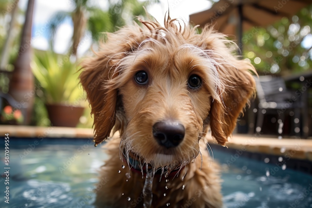 In a pool area on Lanai, a close up of a wet miniature goldendoodle is captured on camera. Generativ