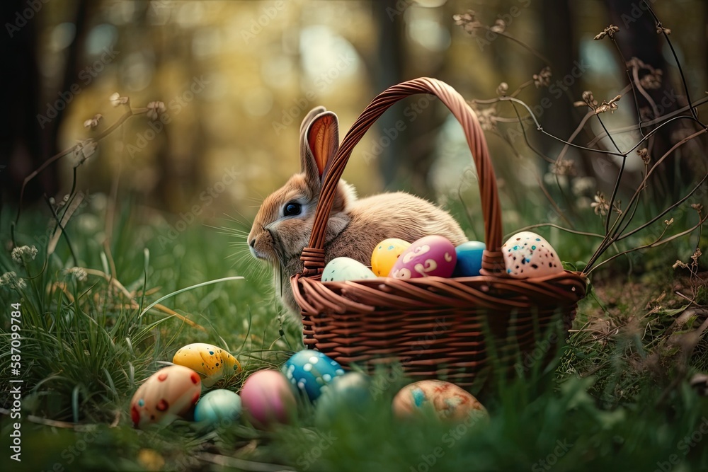 cute rabbit sitting in a colorful basket surrounded by Easter eggs. Generative AI