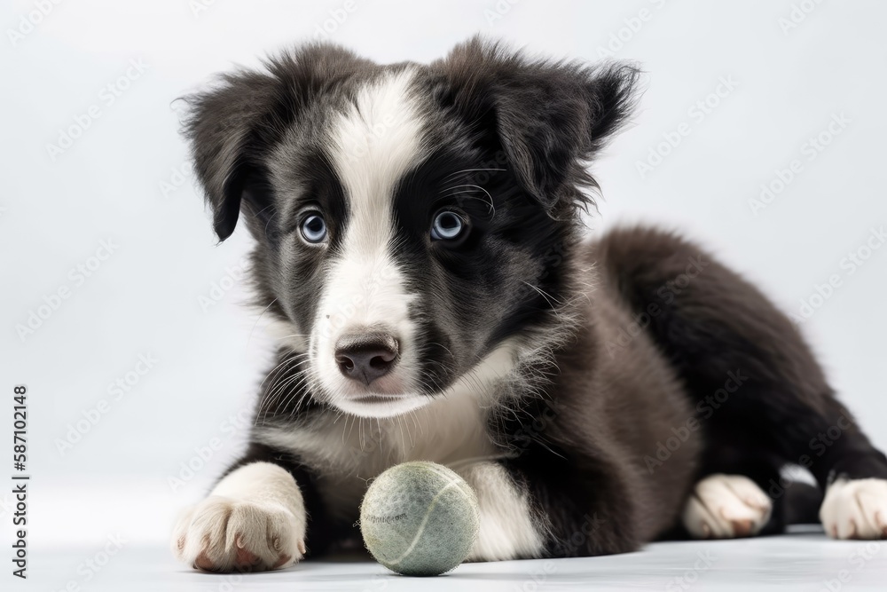 border collie puppy photo with a ball on a white background. Generative AI