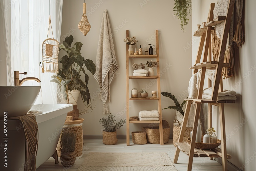 A chic room with ladder wooden shelves and a white macrame wall hanging. Wood shelves, ceramic pot, 