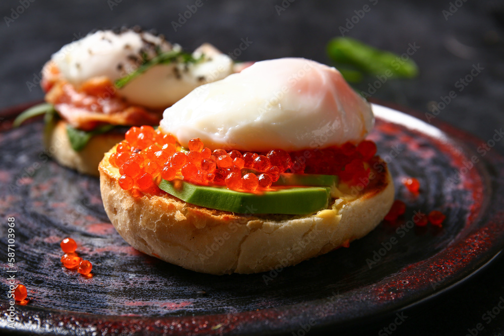 Plate with delicious egg Benedict, closeup