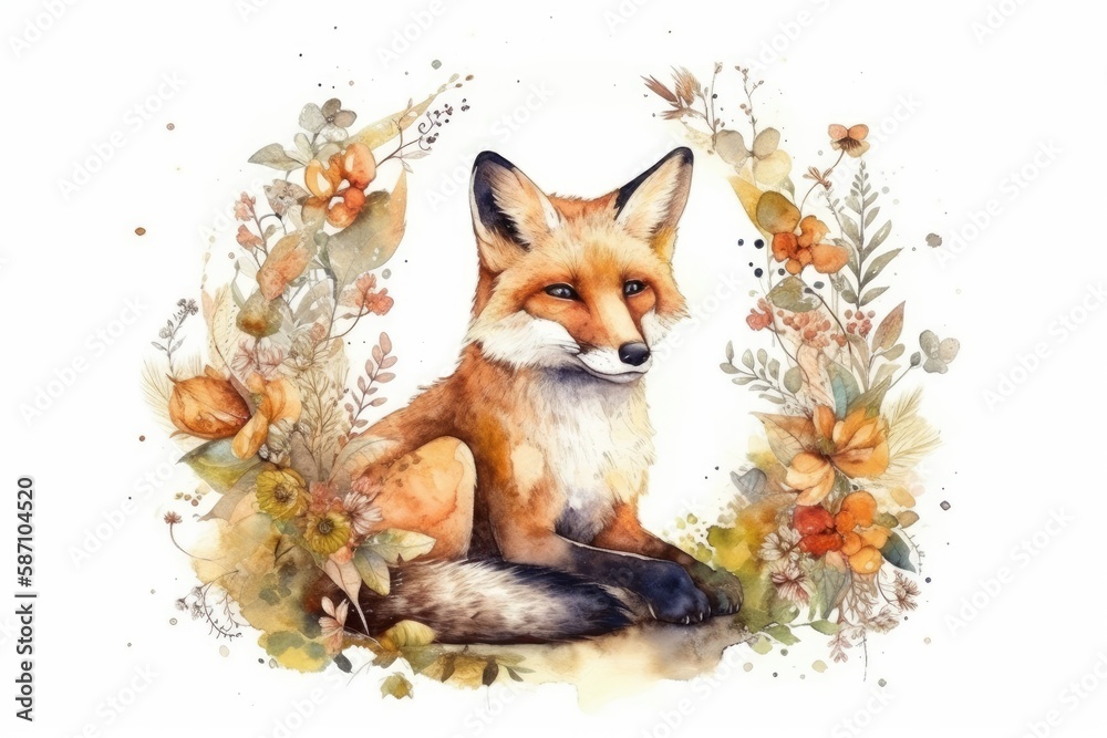 fox surrounded by colorful flowers in a watercolor painting. Generative AI