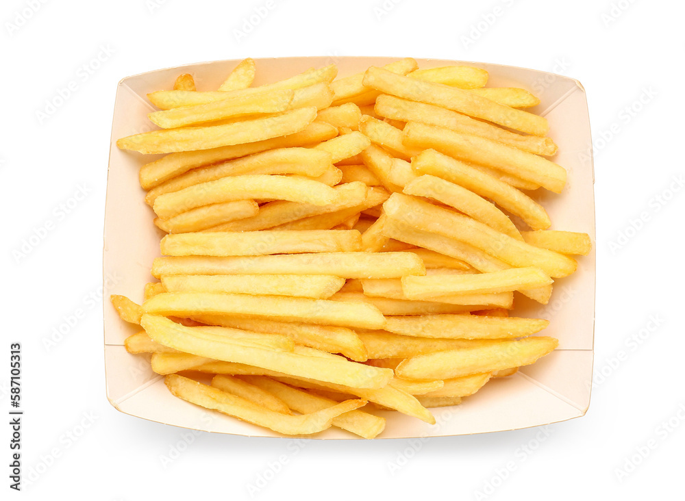 Paper box with tasty french fries on white background