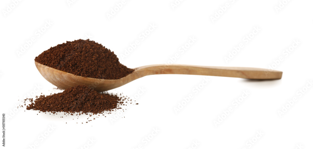 Wooden spoon with coffee powder isolated on white background