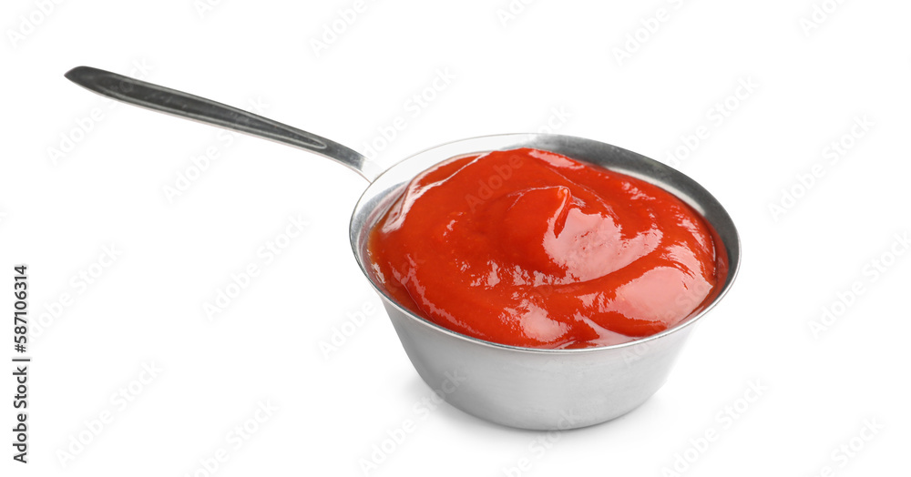 Bowl of tasty ketchup isolated on white background