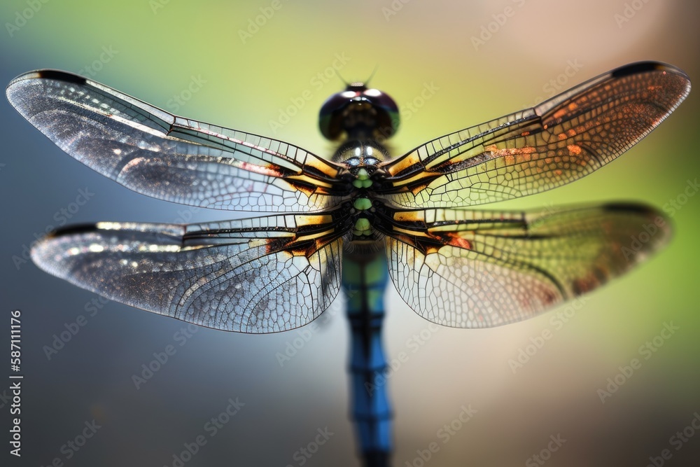 macro shot of a dragonflys wings with spots of sunlight and a clear sky in the background. Generati