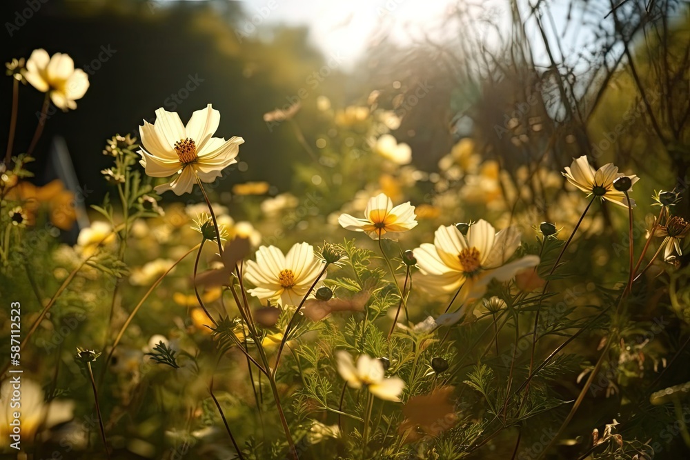 sunny field with a colorful array of wildflowers. Generative AI