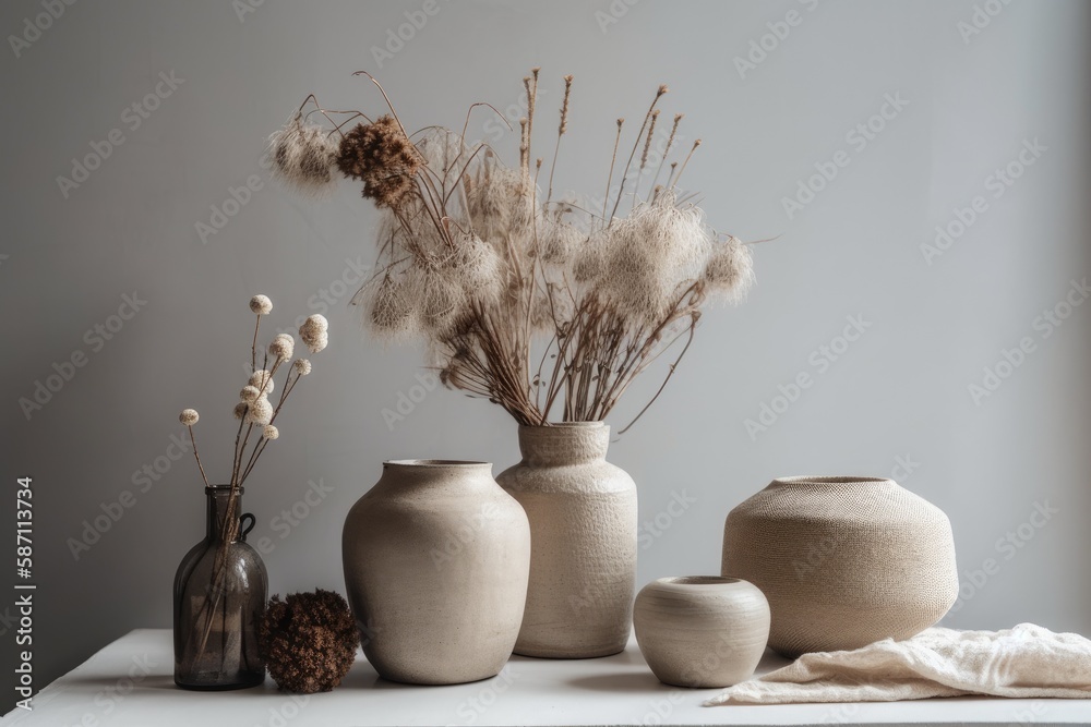 Contemporary beige ceramic vases with dried cotton branches on gray table near white wall. Copies. S