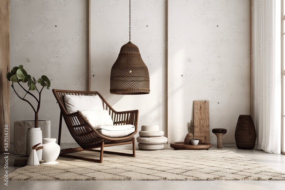 White and dark tones are used in this Japandi living room with copy space. and a hanging armchair. W