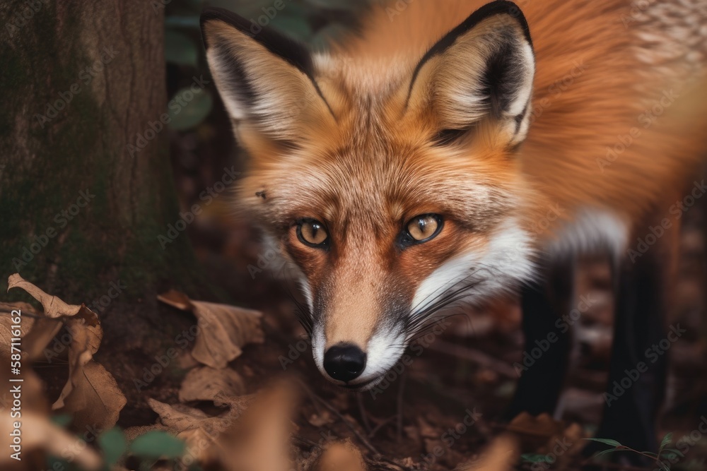 Gorgeous red fox peeks and looks around. Generative AI