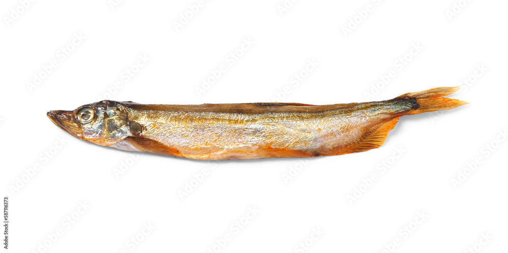 Delicious smoked capelin isolated on white background