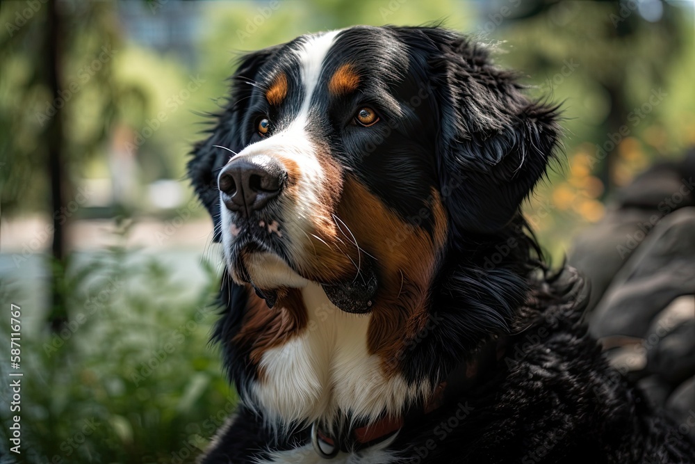 Female Bernese mountain dog posing outside in a city park. Generative AI